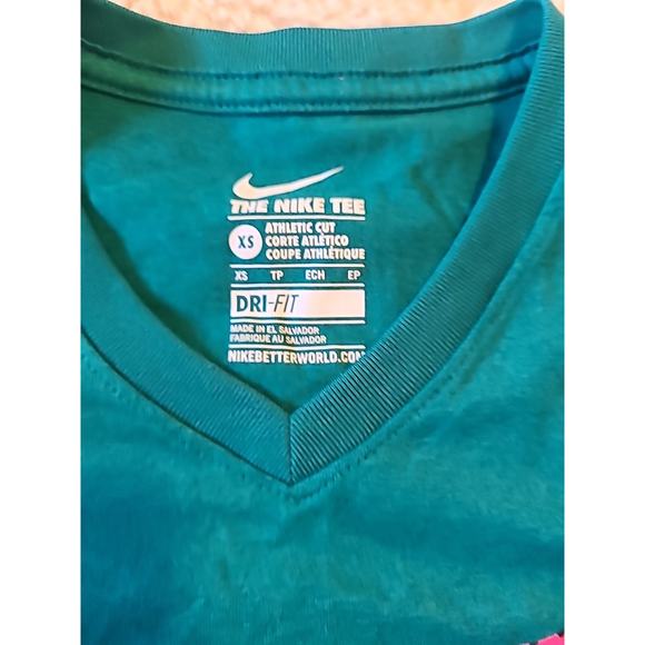The Nike Tee Athletic Cut Dri Fit XS Green Pink Girl's V Neck T Shirt - Picture 2 of 3